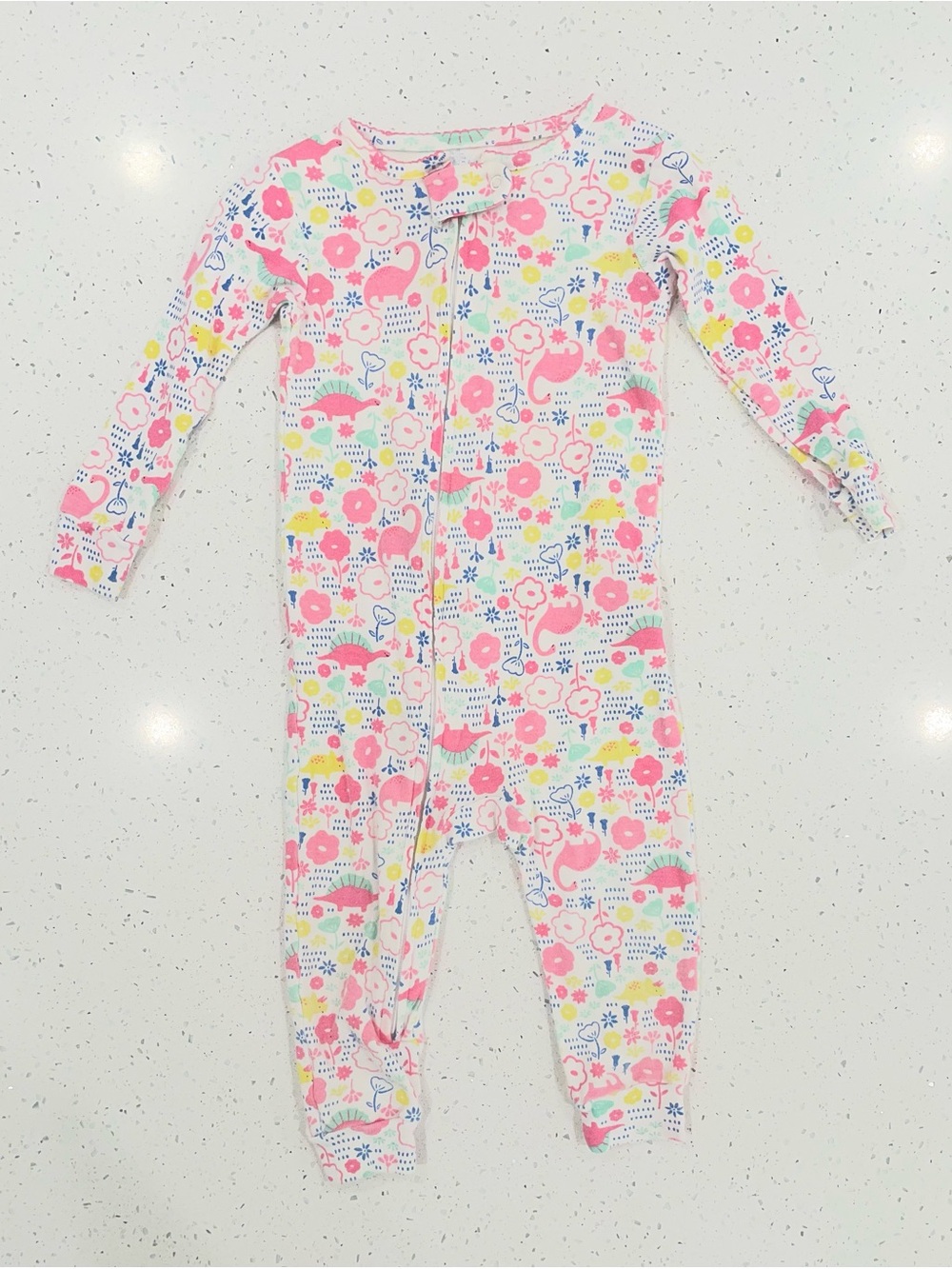 Carter’s Girls Floral Dinosaur Zip-Front One-Piece Pajamas - Pink & White